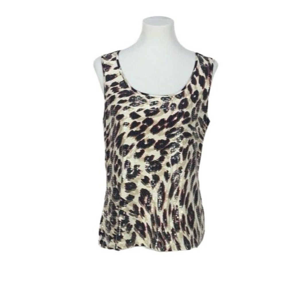 Chicos Leopard Animal Print Sequin Tank Top Shell Scoop Neck Size 1 M Brown‎